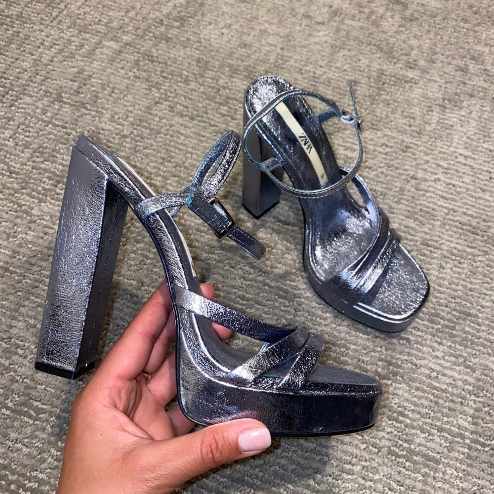 Zara Metallic Silver and Blue Square Toe Ankle Strap Platforms Block Heels